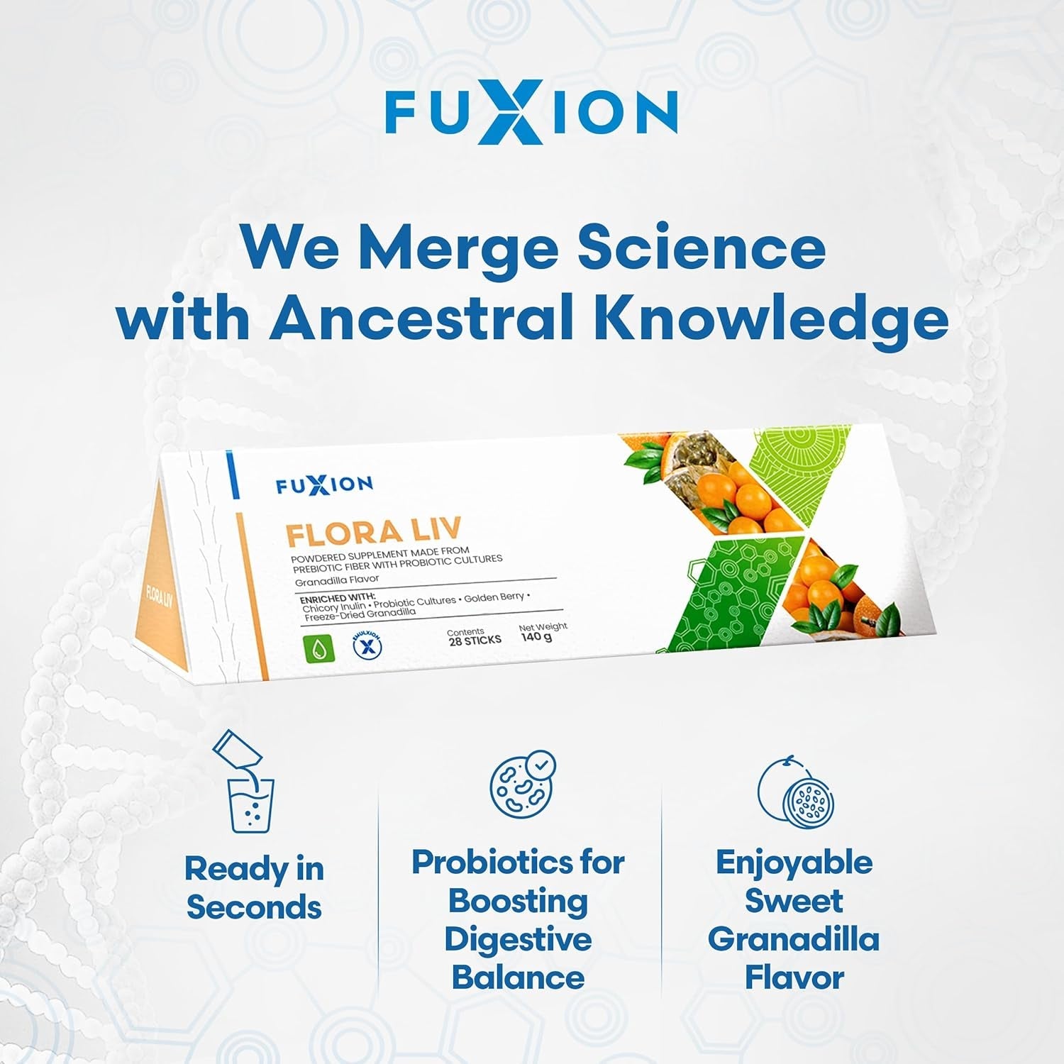 Fuxion Flora Liv | Probiotic Drink | Probiotics for Women and for Men | Gut Health | Helps Mantain Balance of the Instestinal Flora | Lactobacillus and Bifidobacterium | Sweet Granadilla Flavor | 28U