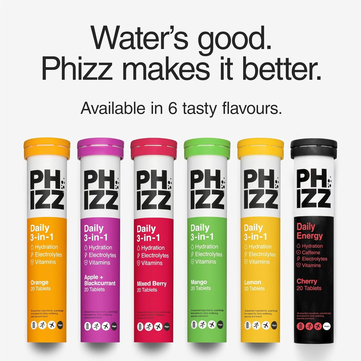 Phizz Electrolyte Multivitamin Rehydration Tablets - 19 Vitamins & Minerals, Energy Boost (Orange, 20 Tablets)