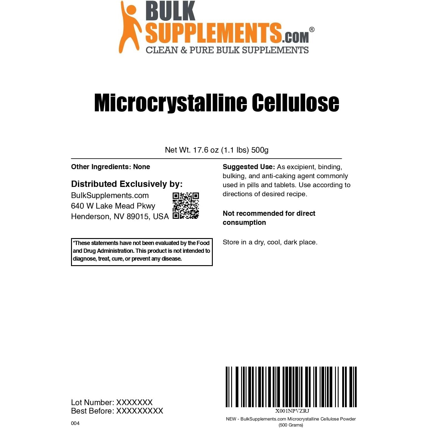 Bulksupplements.Com Microcrystalline Cellulose Powder - MCC Powder, Microcrystalline Cellulose Food Grade - Excipient, Binder, & Anti-Caking Agent, 500G (1.1 Lbs) (Pack of 1)