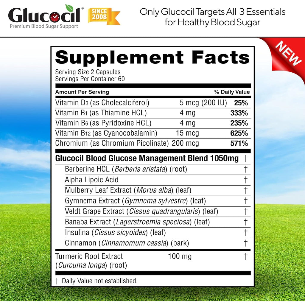 Glucocil – Vegetarian Capsules - Premium Blood Sugar Support - Supports the 3 Essentials for Healthy Blood Sugar - with Berberine, Proprietary Mulberry Leaf, and More