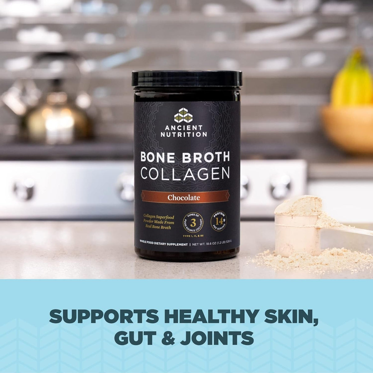 Ancient Nutrition Collagen Powder, Bone Broth Collagen, Chocolate, Hydrolyzed Multi Collagen Peptides, Supports Skin and Nails, Joint Supplement, 30 Servings, 18.6Oz