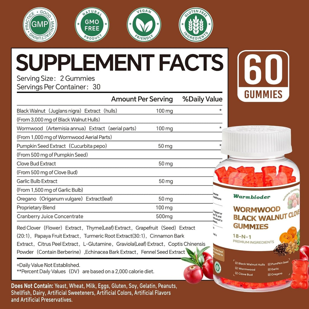 18-In-1 Wormwood Black Walnut Clove Gummies for Adults,Liver Support,With Pumpkin Seed Oil,Rapid Gut Cleanse & Digestive Health with Clove,Garlic,Turmeric,Oregano,Cranberry Extract