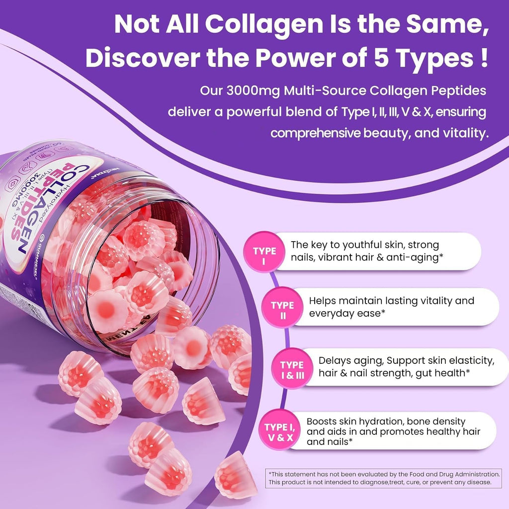 Collagen Gummies for Women & Men 3000Mg, Hydrolyzed Collagen Peptides with Antioxidant Blend & Digestive Enzymes, Multi Collagen (Type I,II,III,V,X) for Anti-Aging, Hair, Skin, Nails, Sugar Free,60Cts
