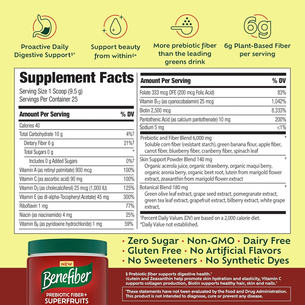 Benefiber Prebiotic GLP-1 Friendly Fiber + Superfruits Dietary Supplement, Strawberry Dragon Fruit Flavor, 8.8 Oz (250G)
