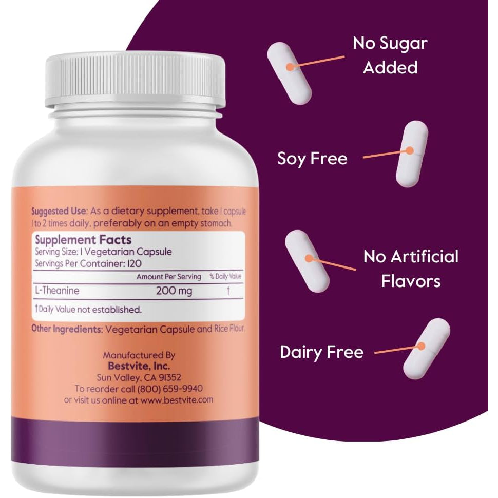BESTVITE L-Theanine 200Mg (120 Vegetarian Capsules) - No Stearates - Vegan - Non GMO - Gluten Free