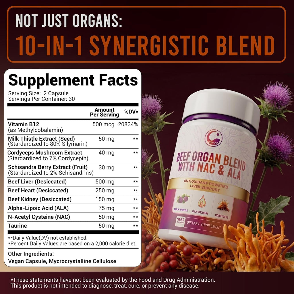 LEGRANO Grass Fed Beef Liver Capsules with Beef Heart, Kidney, NAC, ALA & Milk Thistle – Desiccated Organ Supplement for Men & Women – Supports Energy, Detox, Liver & Immune Health – 60 Capsules