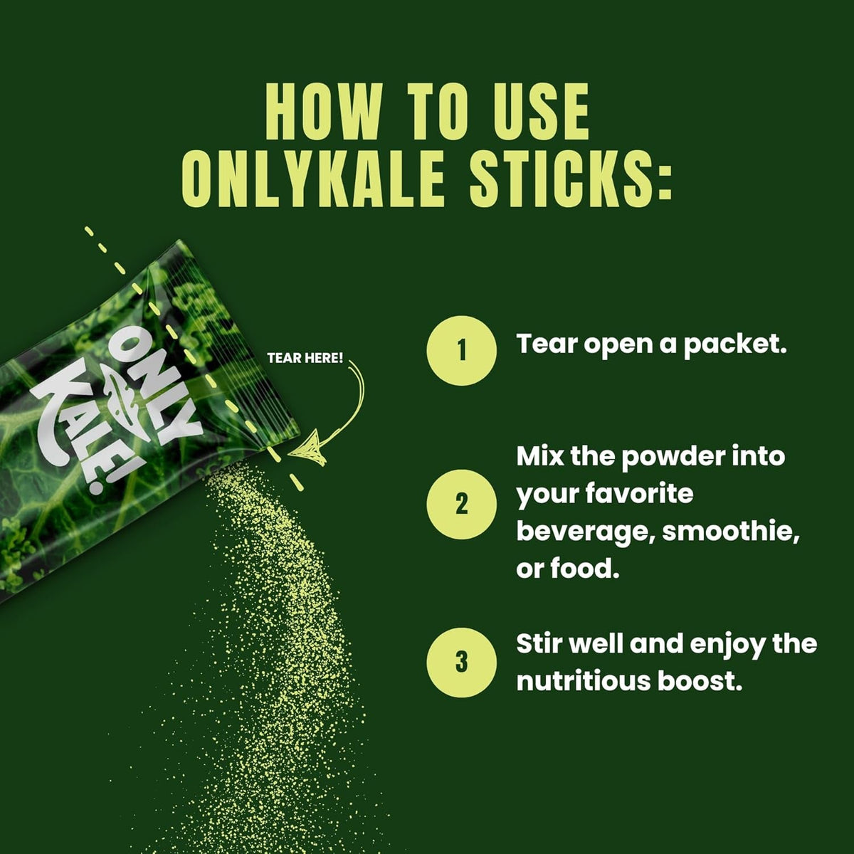 Onlykale™ Kale Powder - 1 Month Supply (15 Sticks) - Organic Green Superfood - USDA Organic, Clean Greens for Smoothies & Juices, Single-Serving Sticks