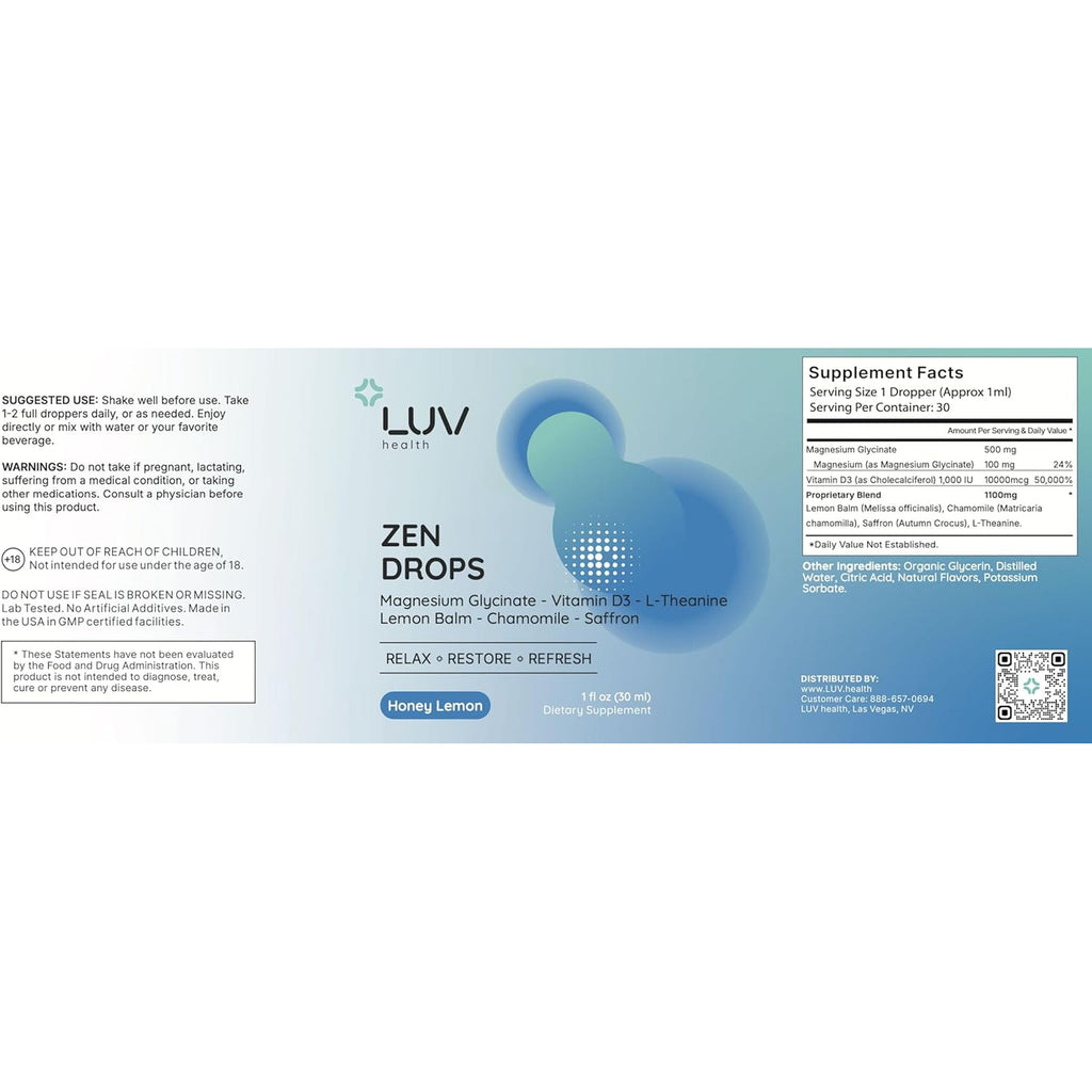 LUV Zen Drops: Anxiety and Stress Support Drops with Magnesium Glycinate, Vitamin D3, Lemon Balm, Chamomile, Saffron, L-Theanine. Keto, Vegan, USA Made, Non-Gmo, 30 Servings (1)