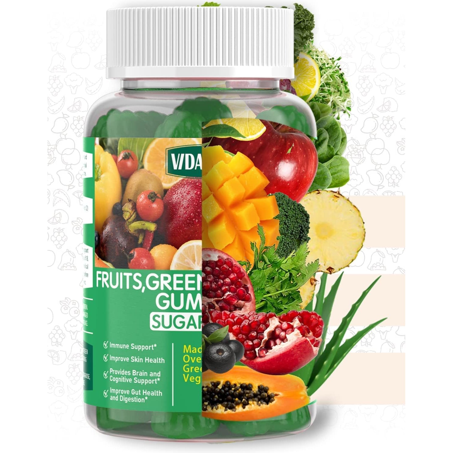 VIDAVITE Sugar-Free Super Greens Gummies — Us-Made, 35+ Fruit and Veggie Gummies to Boost Immunity, Skin & Gut Health — Ideal Fruits and Vegetables Supplement for Adults & Picky Teens (30-Days Supply)