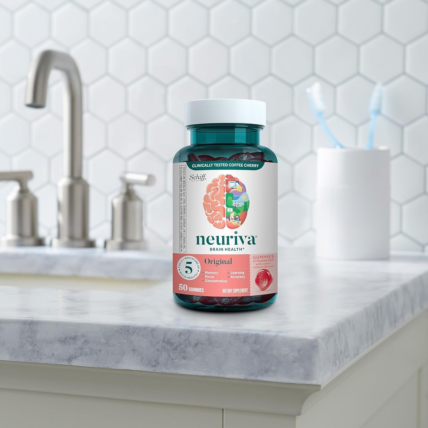 NEURIVA Original Brain Supplements for Memory and Focus, Clinically Tested Nootropics Phosphatidylserine and Neurofactor, Caffeine Free, 50Ct Strawberry Gummies