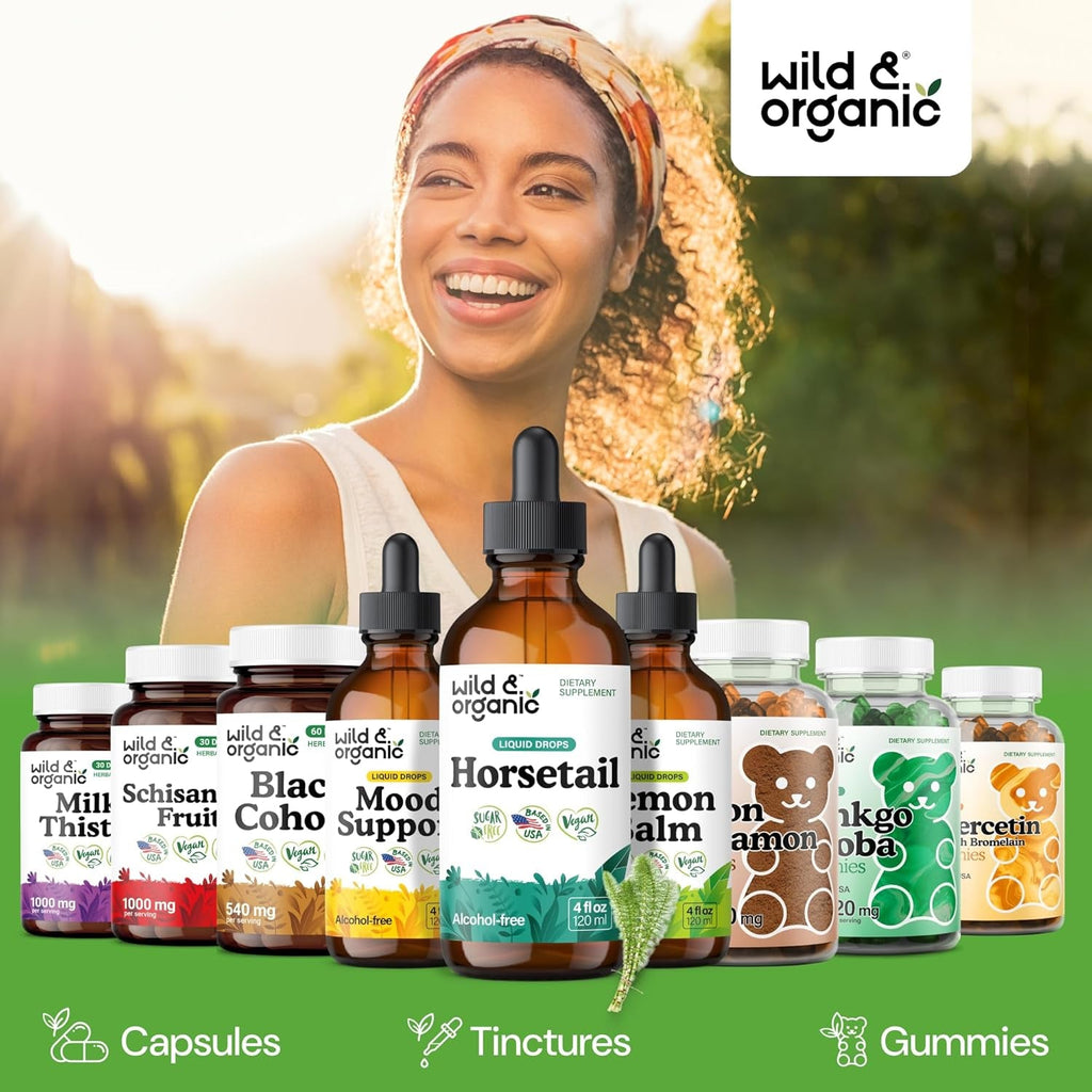 Wild & Organic Horsetail Herb Tincture - Hair Skin and Nails Support - Liquid Horsetail Supplement - Vegan, Sugar & Alcohol-Free Leaf Extract Drops - 4 Fl Oz