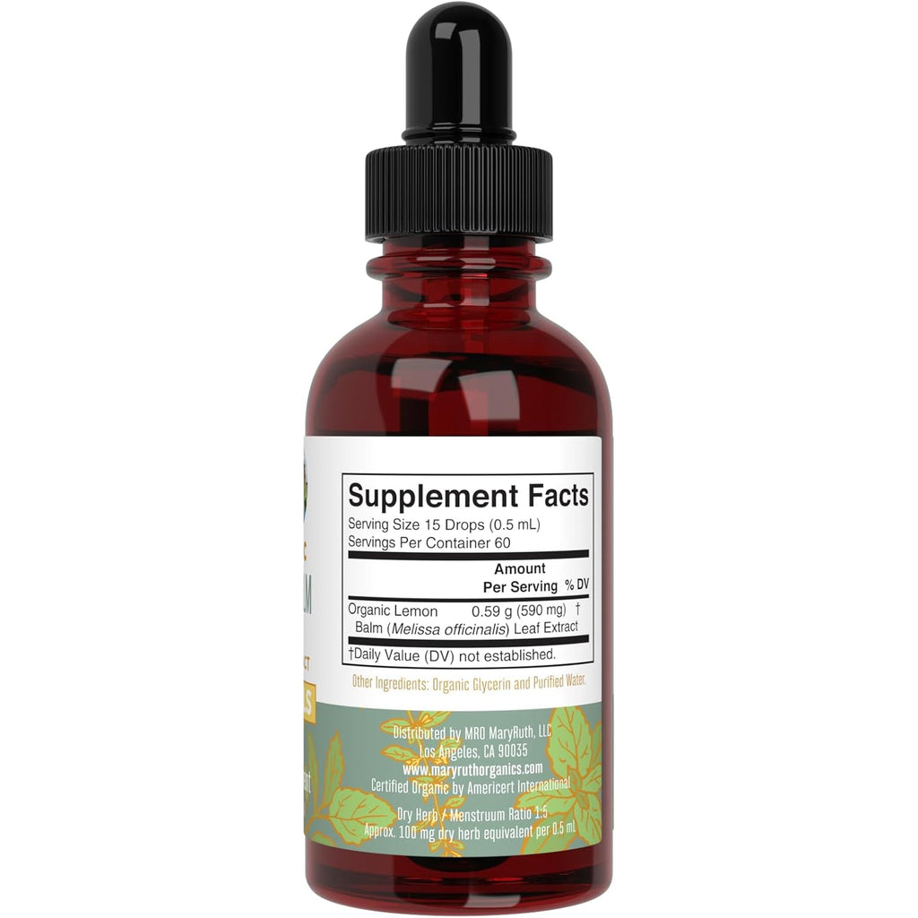 MARYRUTH'S Organics Lemon Balm Leaf Liquid Extract | Mood Support | Relaxation | Calming | Nervine Herbal | Lemon Balm Tincture | USDA Organic | Vegan | Non-Gmo | Gluten Free | 1 Fl Oz