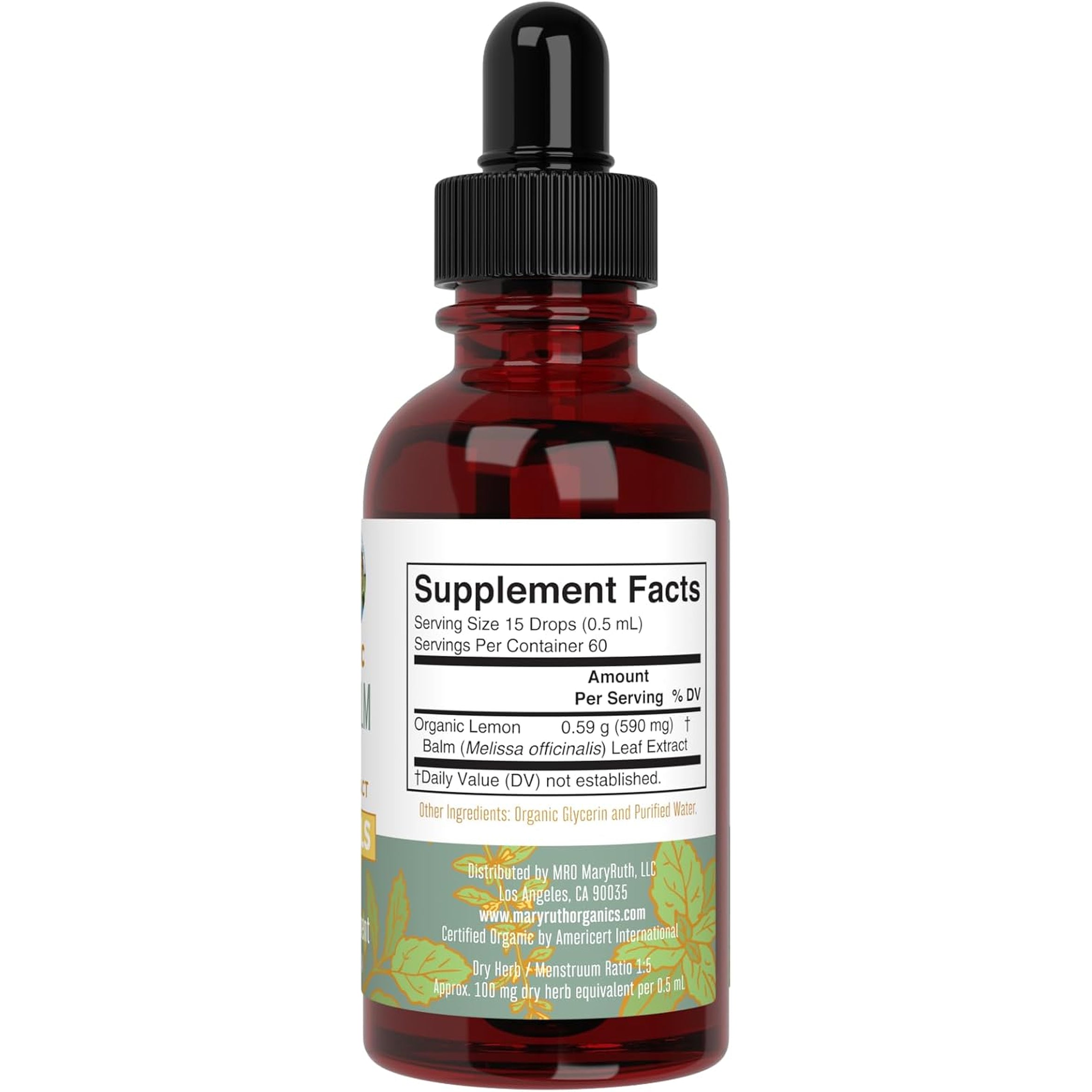 MARYRUTH'S Organics Lemon Balm Leaf Liquid Extract | Mood Support | Relaxation | Calming | Nervine Herbal | Lemon Balm Tincture | USDA Organic | Vegan | Non-Gmo | Gluten Free | 1 Fl Oz