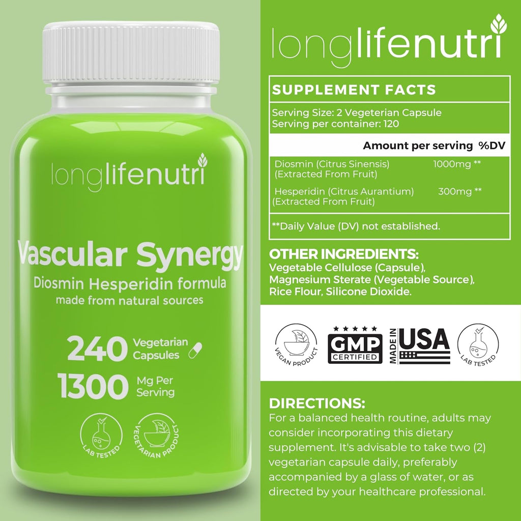 Longlifenutri Diosmin Hesperidin Complex, Vascular Synergy 1000Mg/300Mg for Optimal Circulation & Vein Support: 240 Capsules, 120 Servings, 4-Month Supply, Made in USA