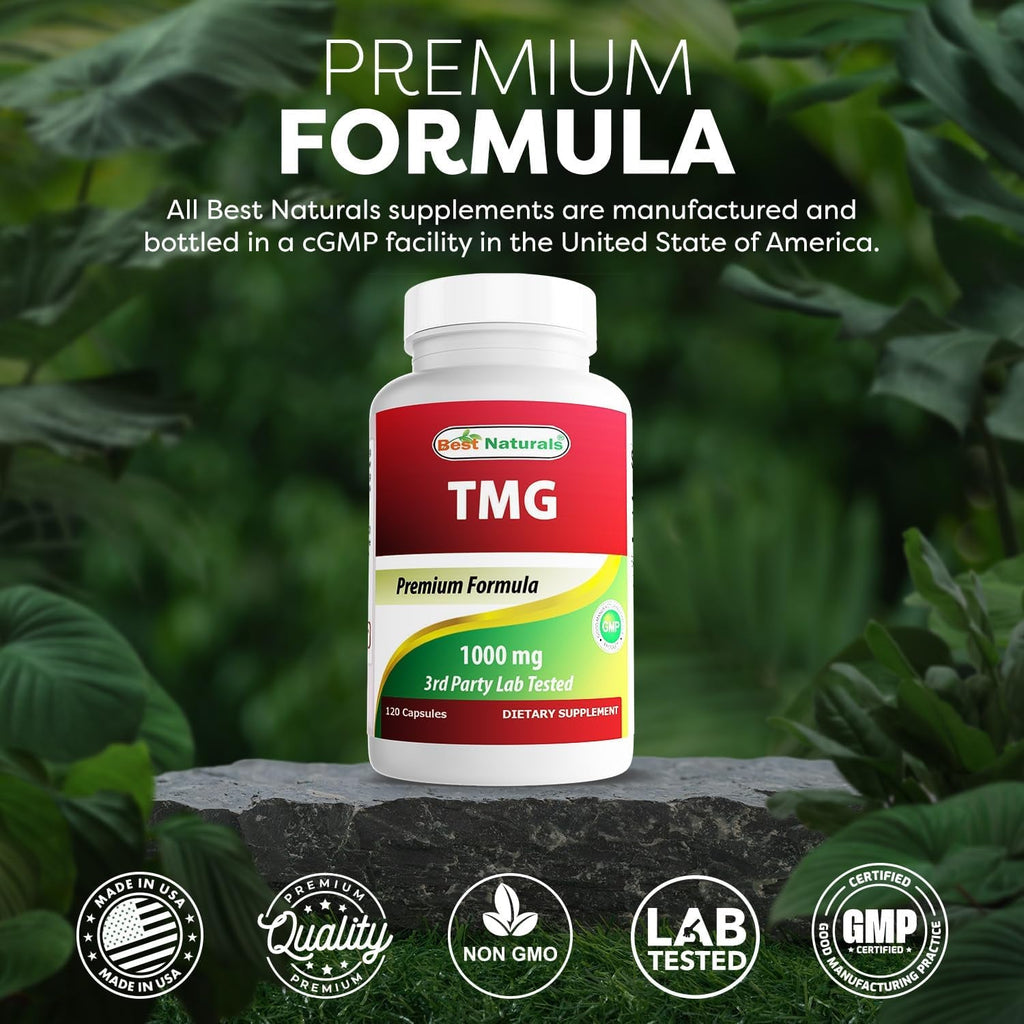 Best Naturals TMG Trimethylglycine (As Betaine Anhydrous) 1000 Mg Serving - 120 Capsules - Healthy Homocysteine Levels & Methylation Support (120 Count (Pack of 1))