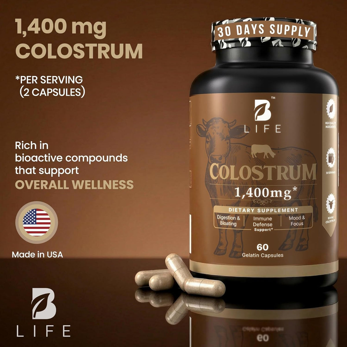 B Life Company Blife Bovine Colostrum Supplement 1400Mg – Immune & Gut Health Support – Colostrum Capsules for Digestive Health – Immune Support Supplement – 60 Capsules (30 Servings)