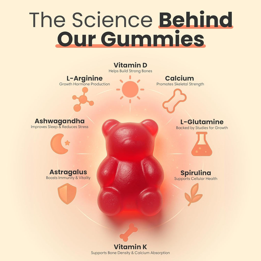 Talltitude Growth Gummies - Natural Height Support & Bone Strength Supplement for Kids & Teens with Vitamin D, Calcium, Ashwagandha, L-Arginine - 60 Gummies