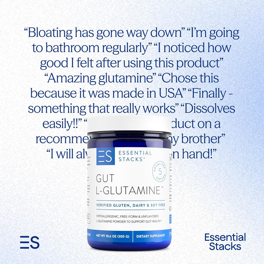 Essential Stacks Gut L-Glutamine Powder - Exclusively Made in USA - Pure L Glutamine Powder for Gut Health (60 Servings, Unflavored)