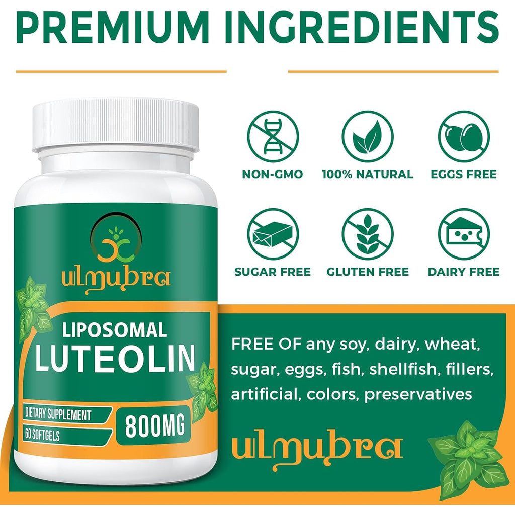 Ulmubra 800 MG Liposomal Luteolin Supplement - Maximum Absorption, Premium Antioxidant Supplement for Brain & Overall Well-Being, 60 Softgels - 30-Day Supply