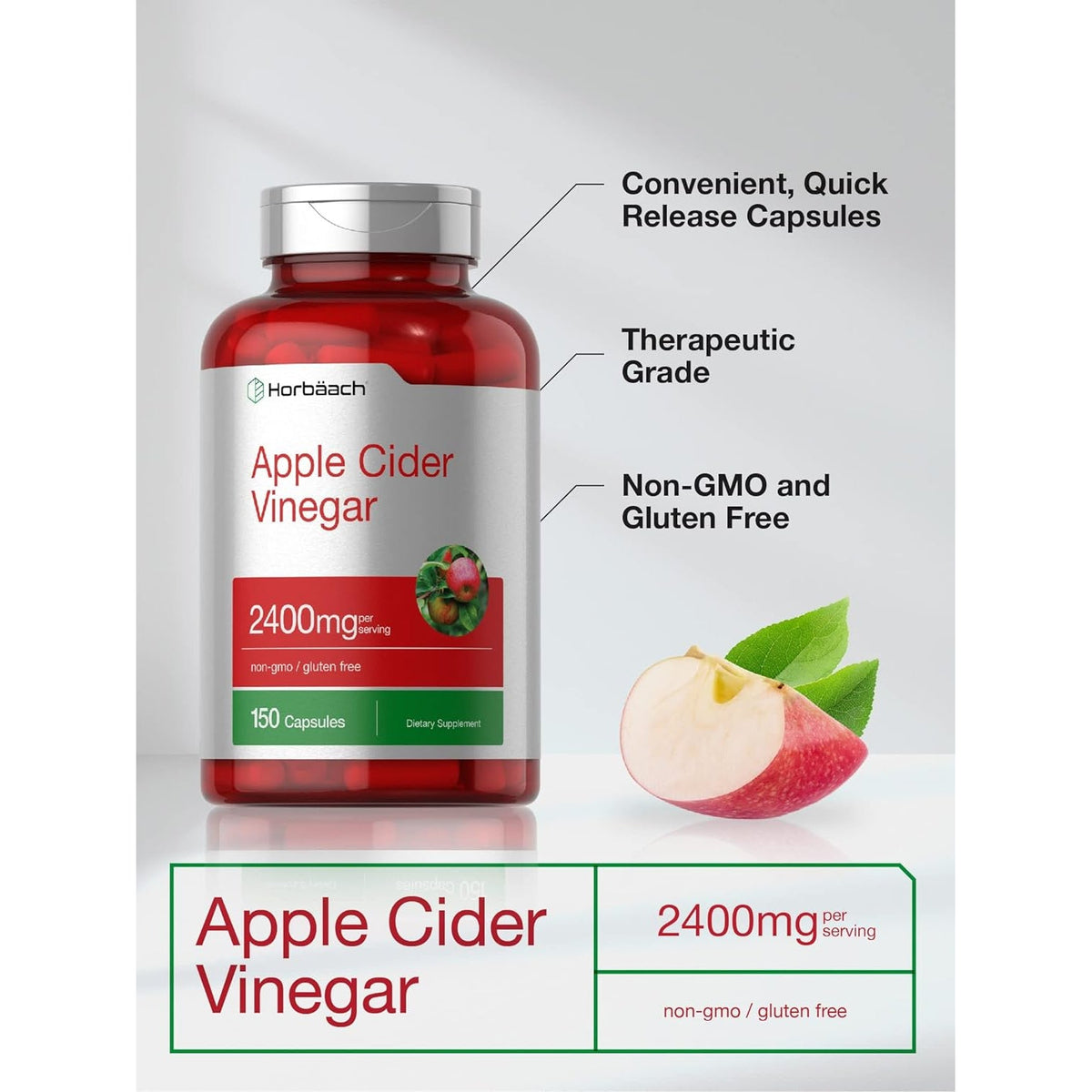 Horbäach Apple Cider Vinegar Capsules | 2400Mg | 150 Count | Non-Gmo, Gluten Free Supplement