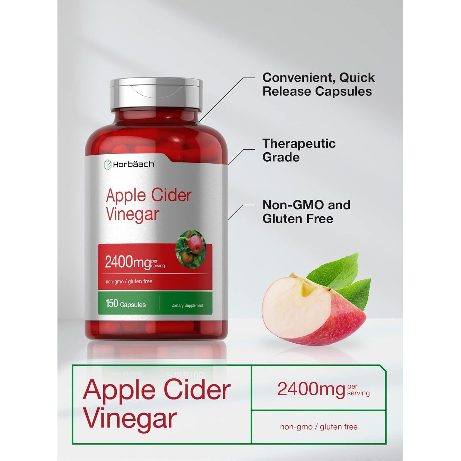 Horbäach Apple Cider Vinegar Capsules | 2400Mg | 150 Count | Non-Gmo, Gluten Free Supplement