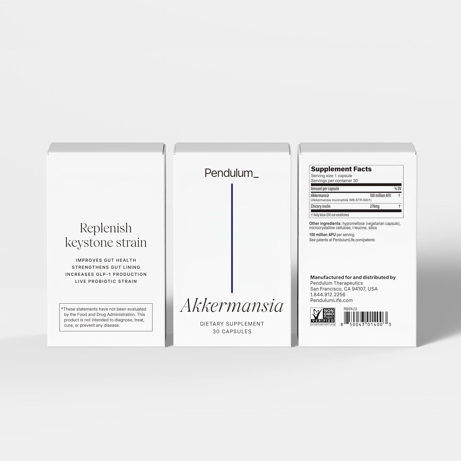 Pendulum Akkermansia Probiotic with Prebiotic Fiber - Increases GLP-1 Production, Delayed Release, Third-Party Tested, 100M AFU Live Strain for Gut Health for Men & Women (30 Capsules, 1-Pack)
