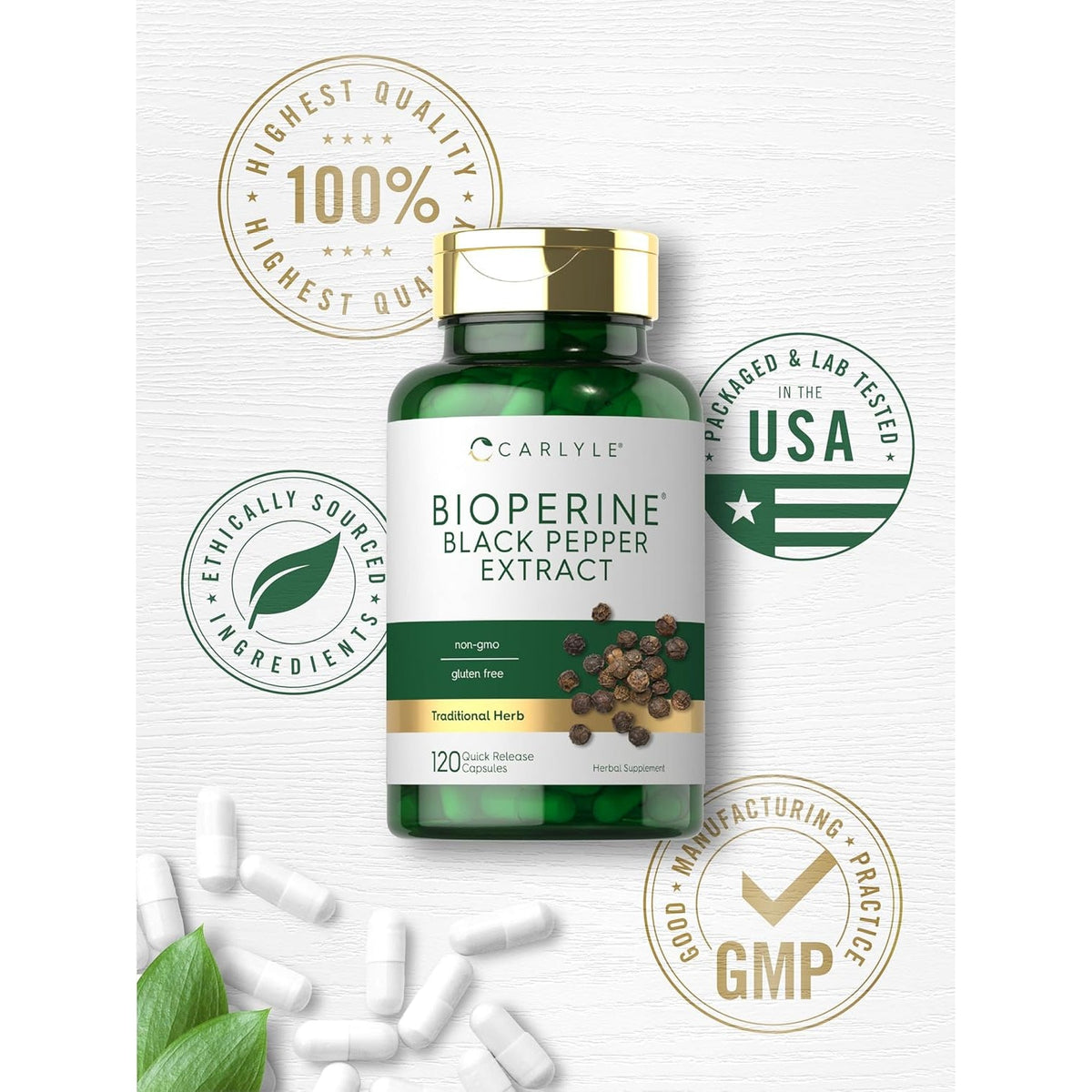 Carlyle Bioperine 10Mg | 120 Capsules | Non-Gmo & Gluten Free | Sourced from Black Pepper Extract | Supports Curcumin Powder Absorption