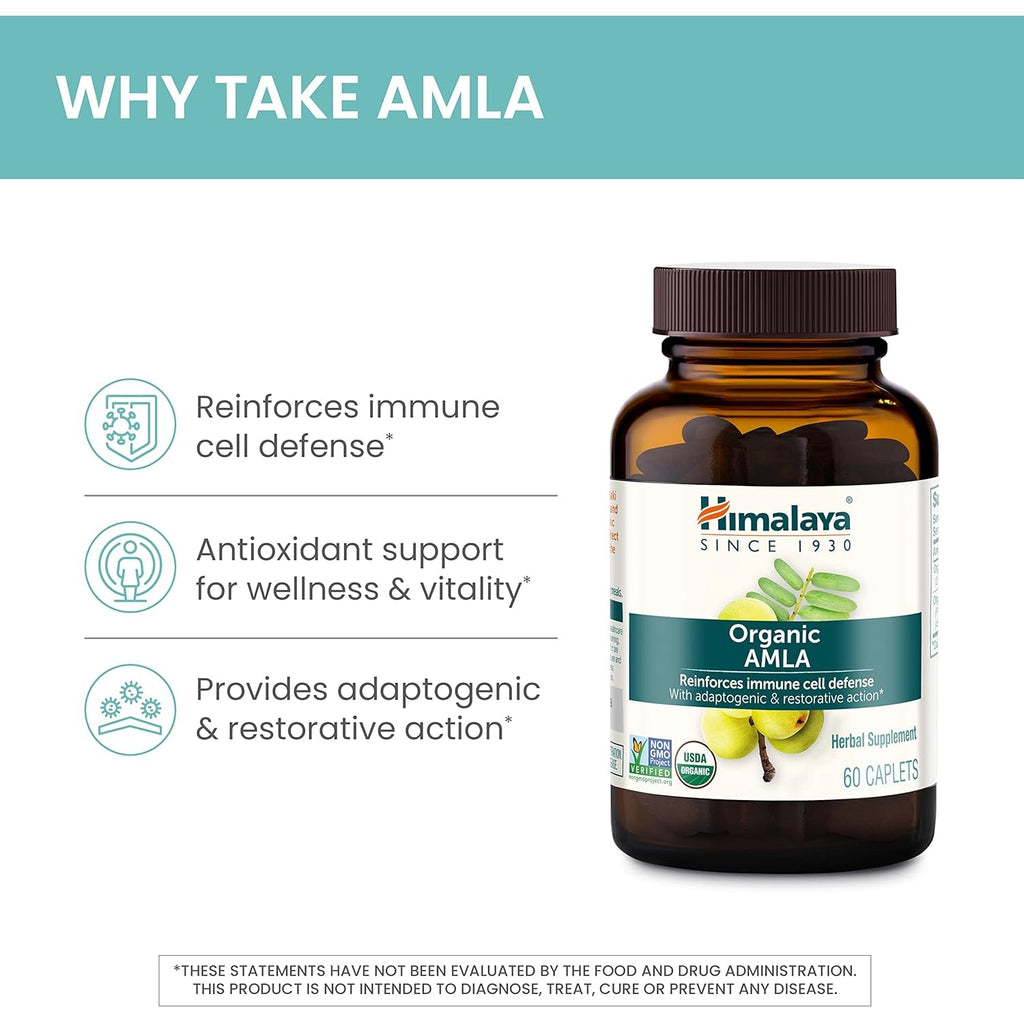 Himalaya Organic Amla - Herbal Immune Support Supplement with Adaptogen and Antioxidant - USDA Organic, Vegan, Non-Gmo, Gluten Free, 600 Mg, 60 Caplets