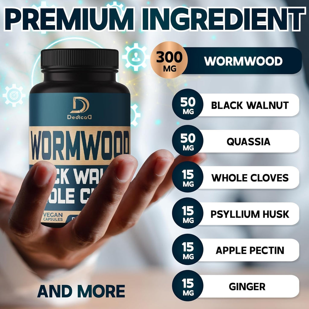 DEDICAD 12In1 Wormwood Black Walnut Clove Capsules - Immune, and Mood Support - 3 Month Supply - 90 Vegan Capsules