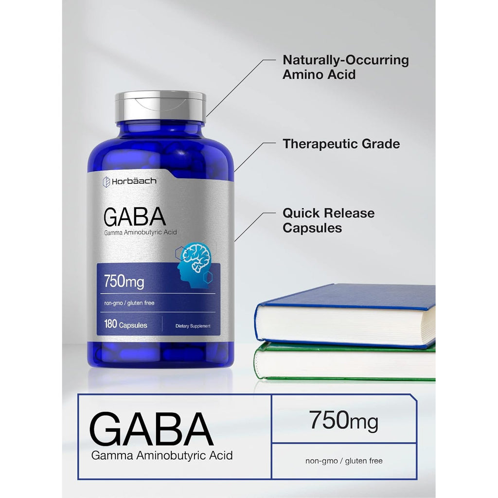 Horbäach GABA 750Mg | 180 Powder Capsules | Gamma Aminobutyric Acid Supplement | Non-Gmo, Gluten Free