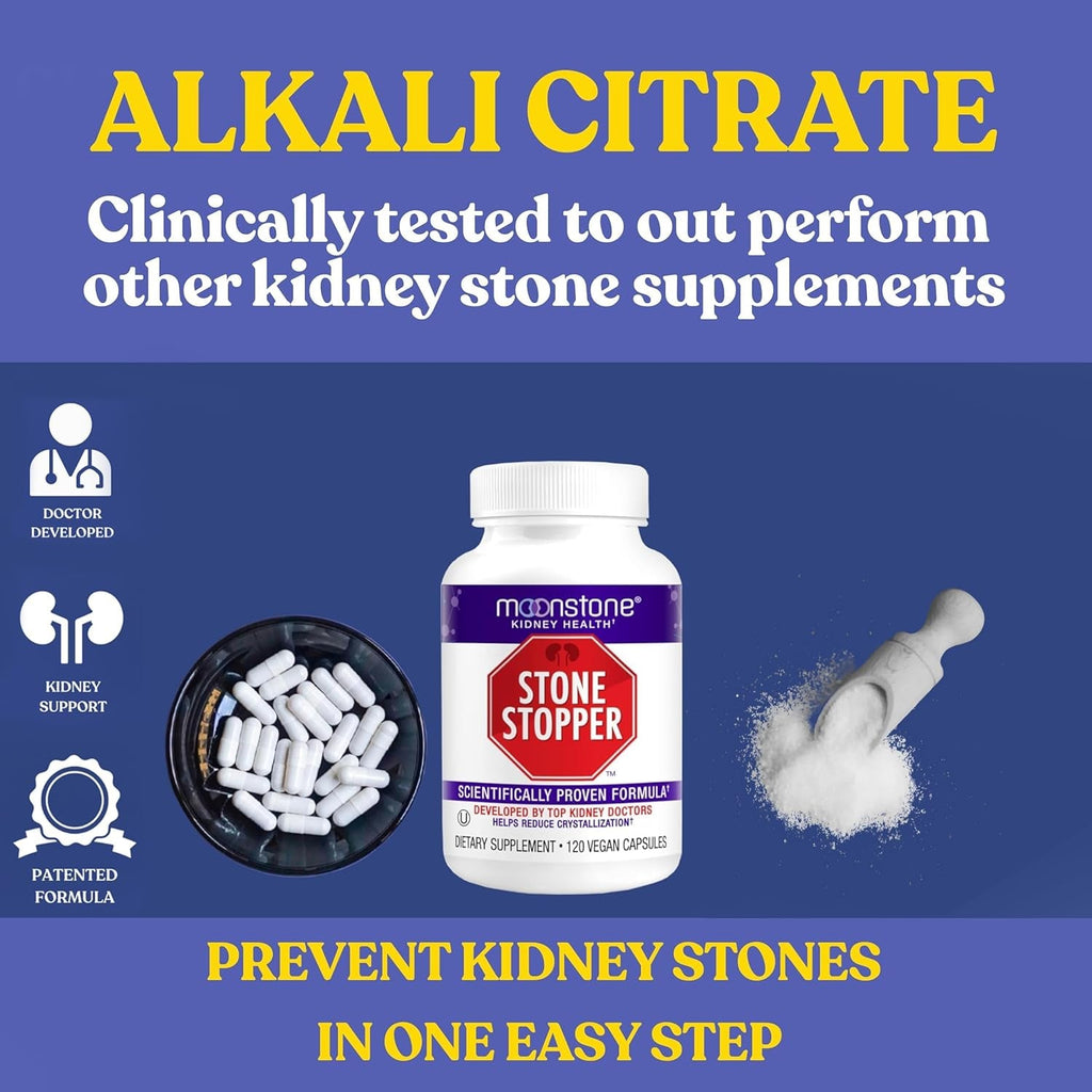 Moonstone Stone Stopper Capsules, Kidney Stone Prevention, Calcium Oxalate Protector, Alkali Citrate Support Supplement, Developed by Urologists to Support Kidney Health, 30 Day Supply (120 Count)