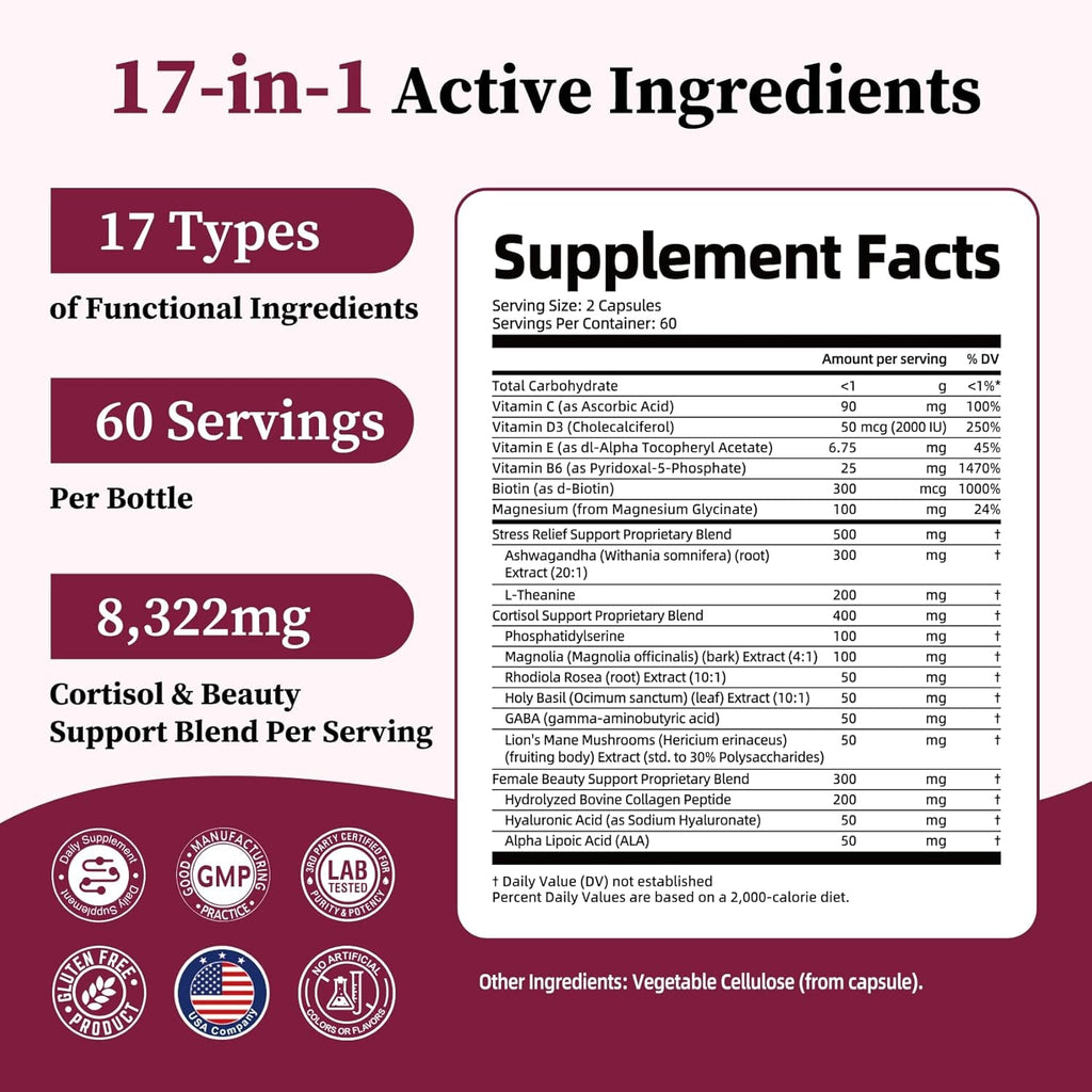 Migcopat 17-In-1 Cortisol Supplements for Women, 8322Mg with Collagen, Magnesium Glycinate, Ashwagandha, L-Theanine for Relaxation, Stress and Sleep Support, Cortisol Reducer for Women- 120 Capsules