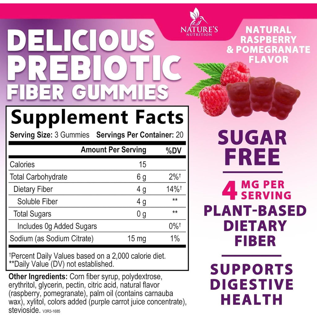 Fiber Gummies – Sugar Free Prebiotic Plant-Based Fiber 4G per Serving Supplement - Improved Soluble Formula Supports Digestive Health & Regularity - Non-Gmo, Natural Berry Flavor Chewable - 60 Gummies