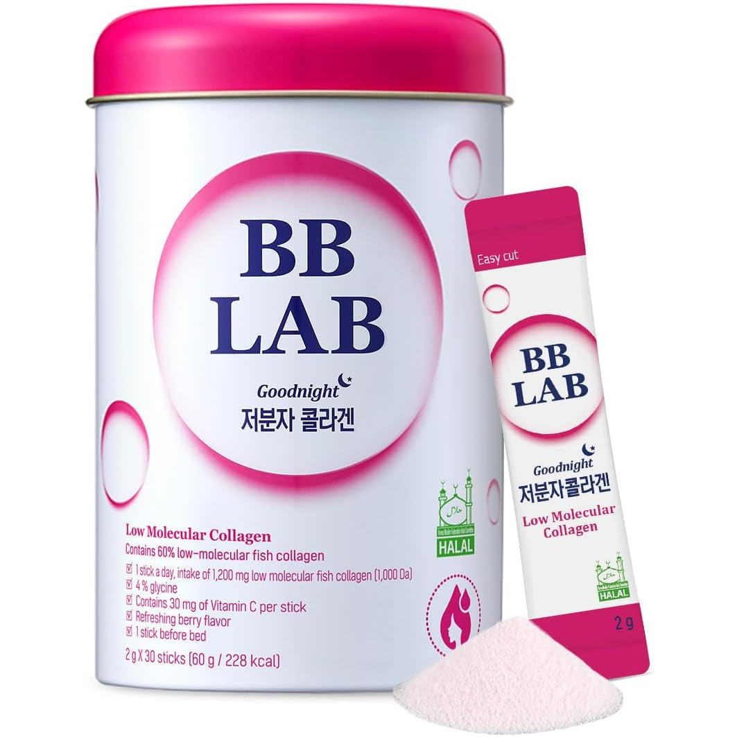 BB LAB Good Night Low Molecular Collagen Powder Stick Supplement, Halal Certified, Korean Marine Collagen, Fish Collagen Peptides, Vitamin C, Glycine, Fast Absorption, Mix Berry Flavor