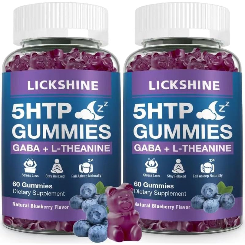 2 Pack 300MG 5-HTP GABA Sleep Supplement Gummies with 200Mg L-Theanine Supplement for Brain, Mood Stabilizer and Sleep Support, Melatonin-Free, Omega 3-6-9 for Natural Zzzs, Blueberry Flavor