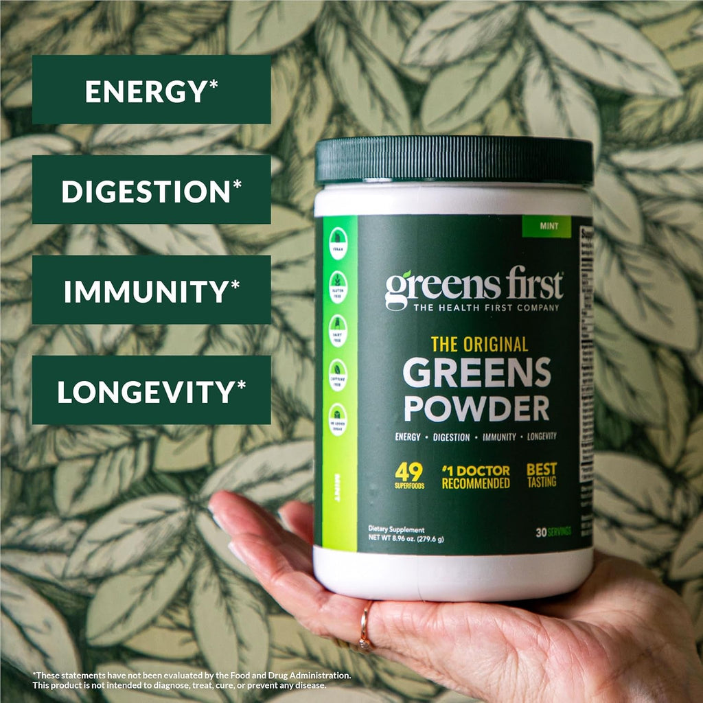 Greens First Original Greens Powder - 49 Superfoods - Organic Fruits & Veggies - Prebiotics, Probiotics & Digestive Enzymes - Antioxidant Smoothie - Dairy Free, Vegan & Non-Gmo (Mint, 30 Servings)