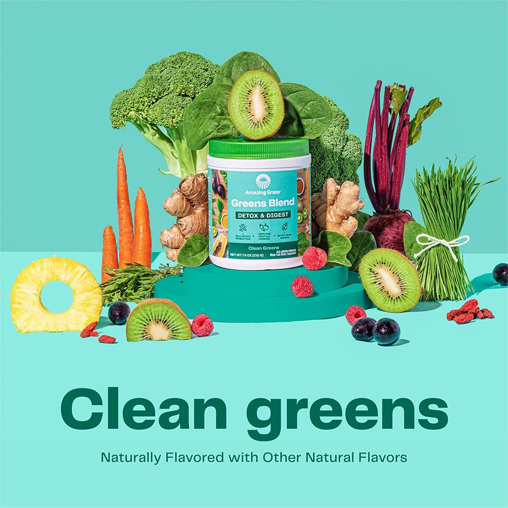 Amazing Grass Greens Blend Detox & Digest, Smoothie Mix, Cleanse with Super Greens Powder, Digestive Enzymes & Probiotics, Clean Greens, 30 Servings, 7.4 Ounce (Packaging May Vary)
