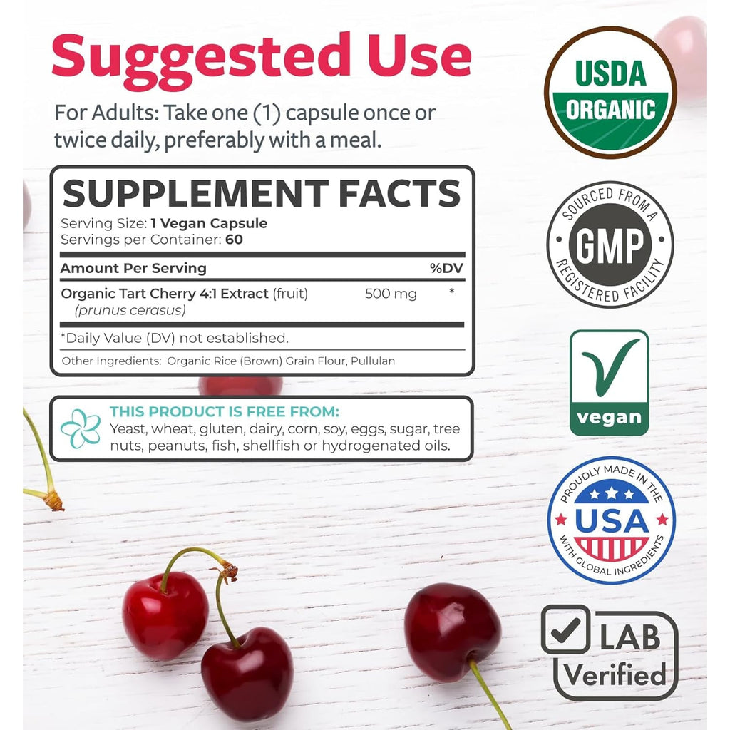 Organic Tart Cherry Capsules - High Strength Organic Tart Cherry 500Mg 4:1 Extract- 1 Capsule per Serving for Uric Acid Support - Vegan Non-Gmo & Made in the USA (2 Months Supply)