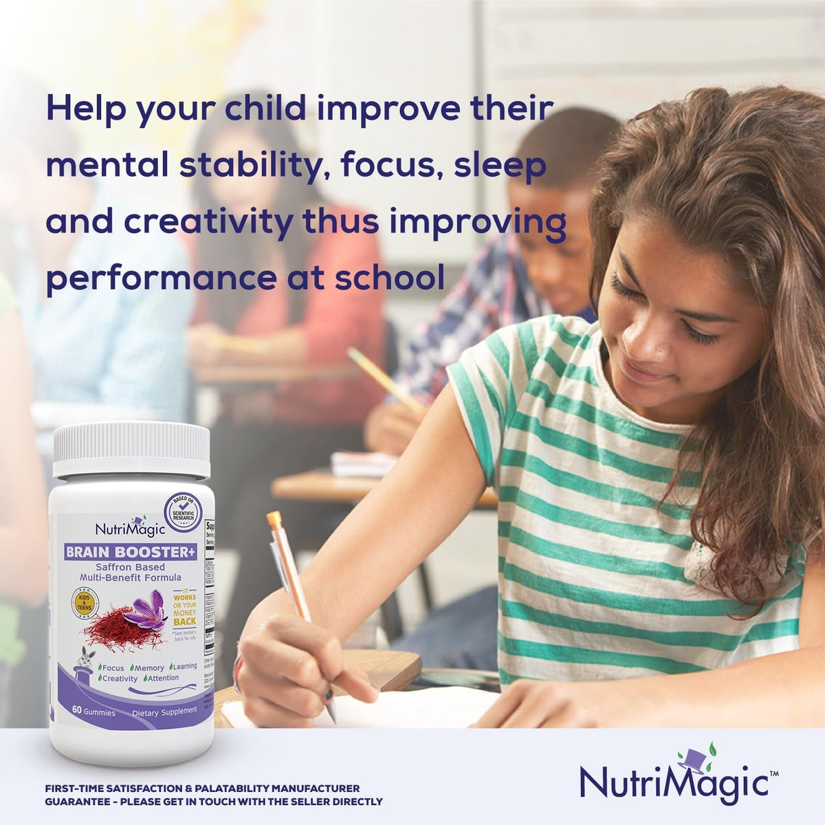 Nutrimagic Kids Brain Booster+ 30Mg Pure Saffron Extract Gummies & Multivitamin D3, B6, B12, Zinc, Supports Kids Brain Health, Focus, Memory, Attention, Mood Balance, Non-Gmo Supplement, 30X Servings