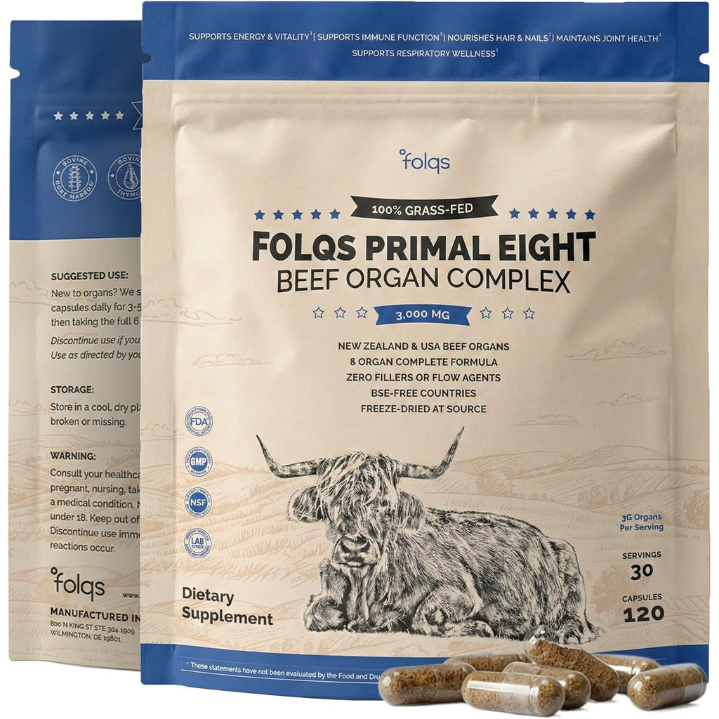 Grass Fed Beef Organ Supplement 3000Mg (8 Organs) - Bone Marrow, Thymus, Liver, Heart, Kidney, Trachea, Spleen, Lung - Freeze-Dried - 120 Capsules (30 Servings)
