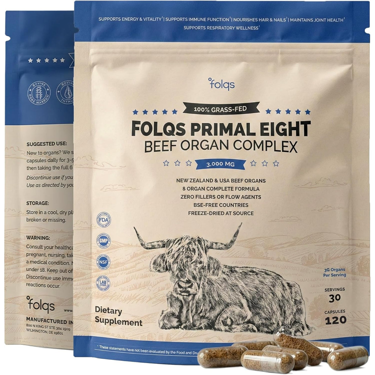 Grass Fed Beef Organ Supplement 3000Mg (8 Organs) - Bone Marrow, Thymus, Liver, Heart, Kidney, Trachea, Spleen, Lung - Freeze-Dried - 120 Capsules (30 Servings)