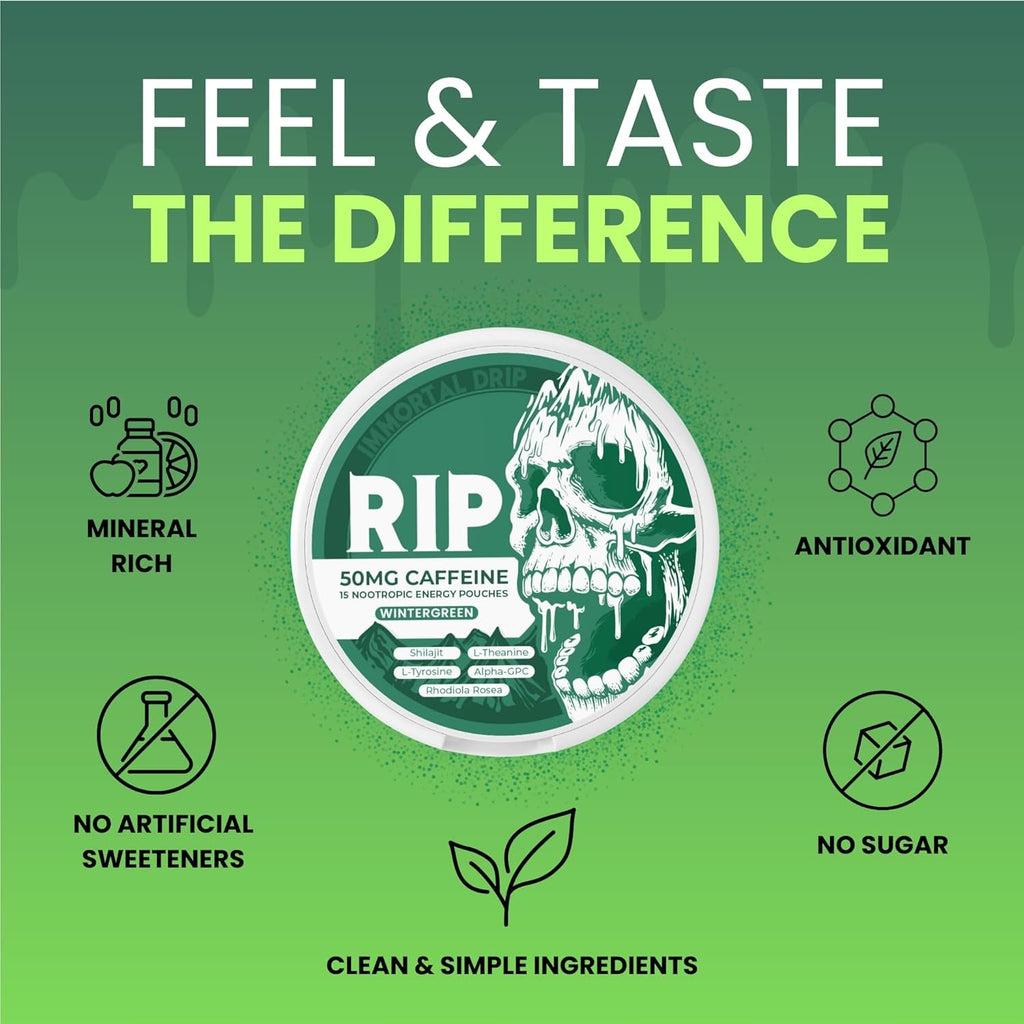 Immortal Drip RIP Nootropic Energy Pouches (Wintergreen) – 5 Cans – 15 Pouches per Can – Clean Energy & Focus Support – 50Mg Caffeine, Shilajit, Alpha-Gpc, L-Tyrosine, Rhodiola