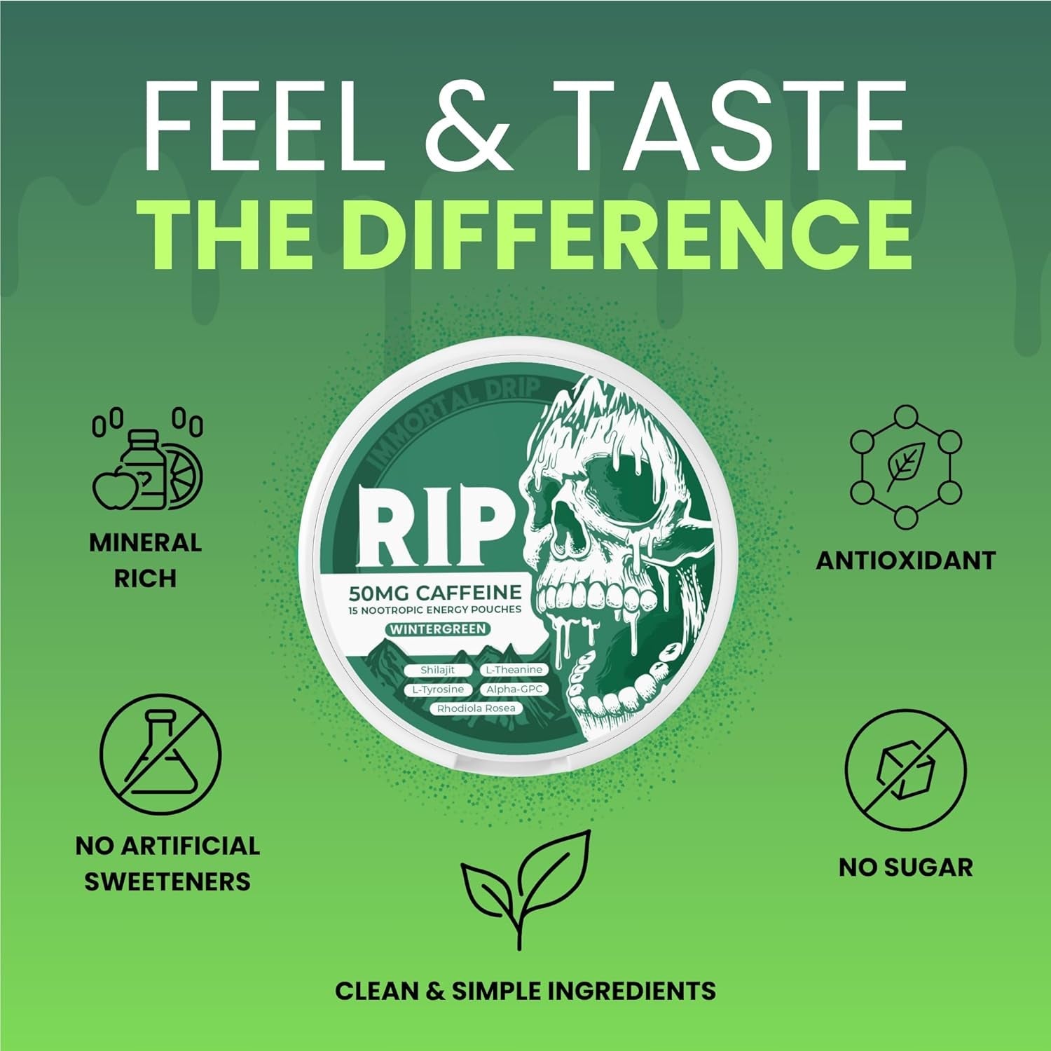 Immortal Drip RIP Nootropic Energy Pouches (Wintergreen) – 5 Cans – 15 Pouches per Can – Clean Energy & Focus Support – 50Mg Caffeine, Shilajit, Alpha-Gpc, L-Tyrosine, Rhodiola