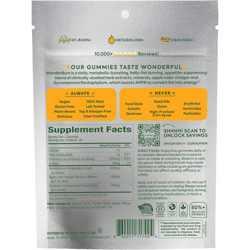 Plant People Wonderburn Metabolism & Cravings Control Gummies, Zero Sugar, Ripe Mango Flavor (60 Count)