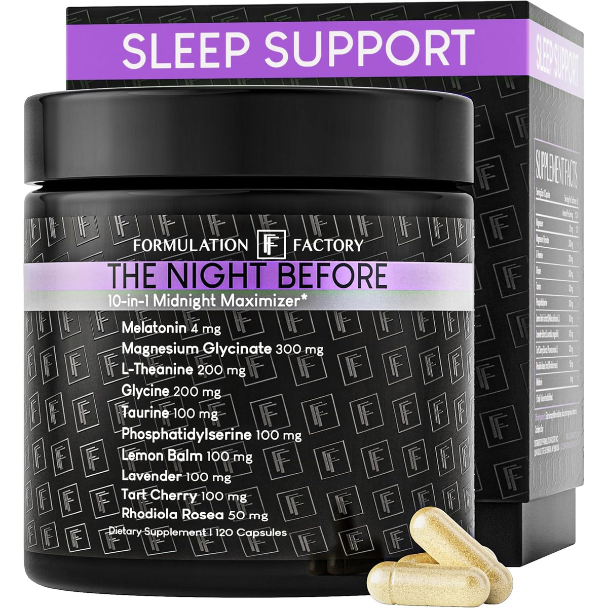 Formulation Factory the Night before Magnesium Glycinate Sleep Aid, 10-In-1 Sleep Supplement with Melatonin 4Mg, L-Theanine, Lemon Balm, Tart Cherry, Relaxation, Recovery, Sleep Support, 120 Capsules
