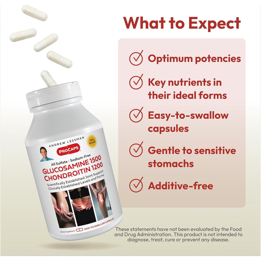 ANDREW LESSMAN Glucosamine 1500 Chondroitin 1200-150 Capsules - All Sulfate, Sodium-Free Form, Research Established Ingredients & Levels for Support of Healthy Joint Tissue. Easy to Swallow Capsules