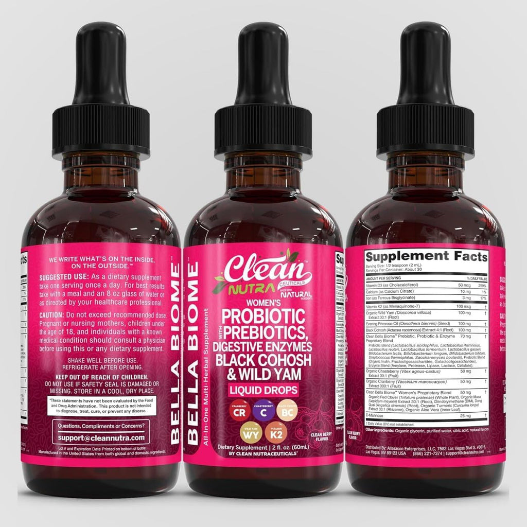 Liquid Probiotics for Women Drops with Chasteberry, Black Cohosh, Prebiotics, Digestive Enzymes, Evening Primrose Oil, Wild Yam, Cranberry Dmannose and Iron Vitamin D3 K2 Clean Nutra Bella Biotics
