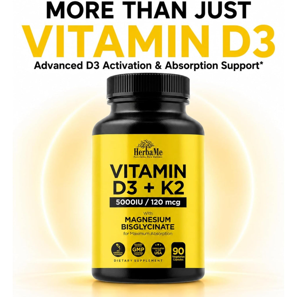 Herbame Vitamin D3 5000 IU + K2 with Magnesium Bisglycinate | Complete D3 Activation & Absorption Support Formula | Bone, Muscle & Immune Wellness | 90 Capsules