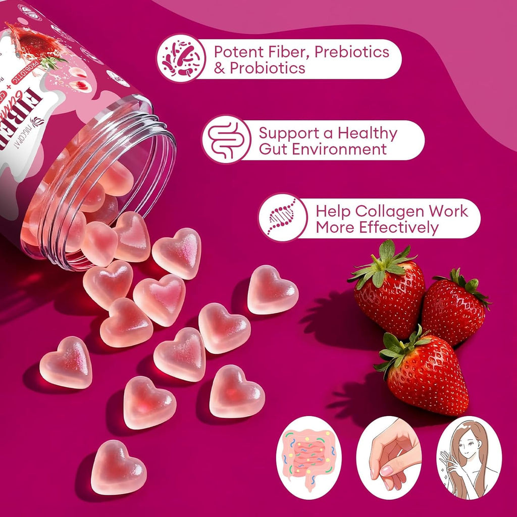 Migcopat 10G Fiber Gummies with Collagen Peptides, Hyaluronic Acid, Vitamin C, ACV, 30 Billion CFU Probiotics – Sugar Free Collagen Gummy for Skin, Hair & Nails – Digestive Health Support – 60 Cts