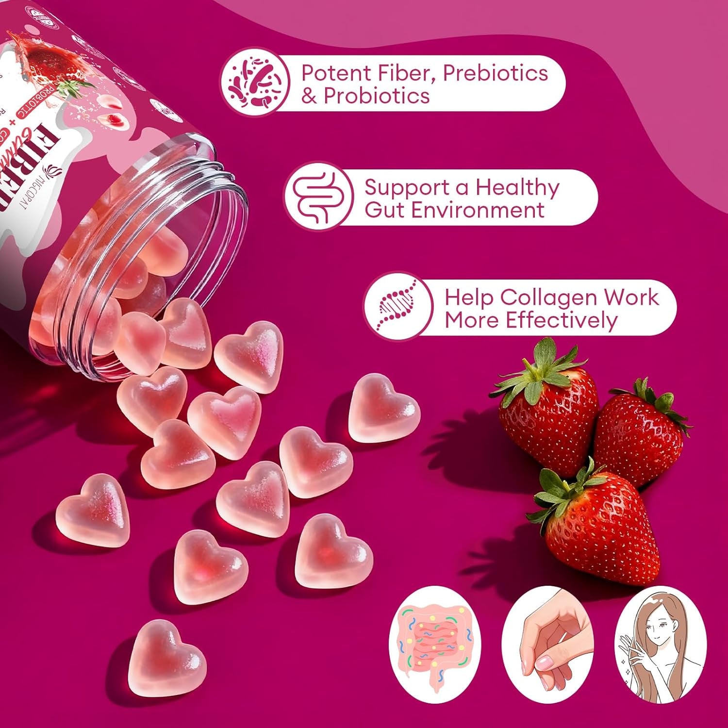 Migcopat 10G Fiber Gummies with Collagen Peptides, Hyaluronic Acid, Vitamin C, ACV, 30 Billion CFU Probiotics – Sugar Free Collagen Gummy for Skin, Hair & Nails – Digestive Health Support – 60 Cts